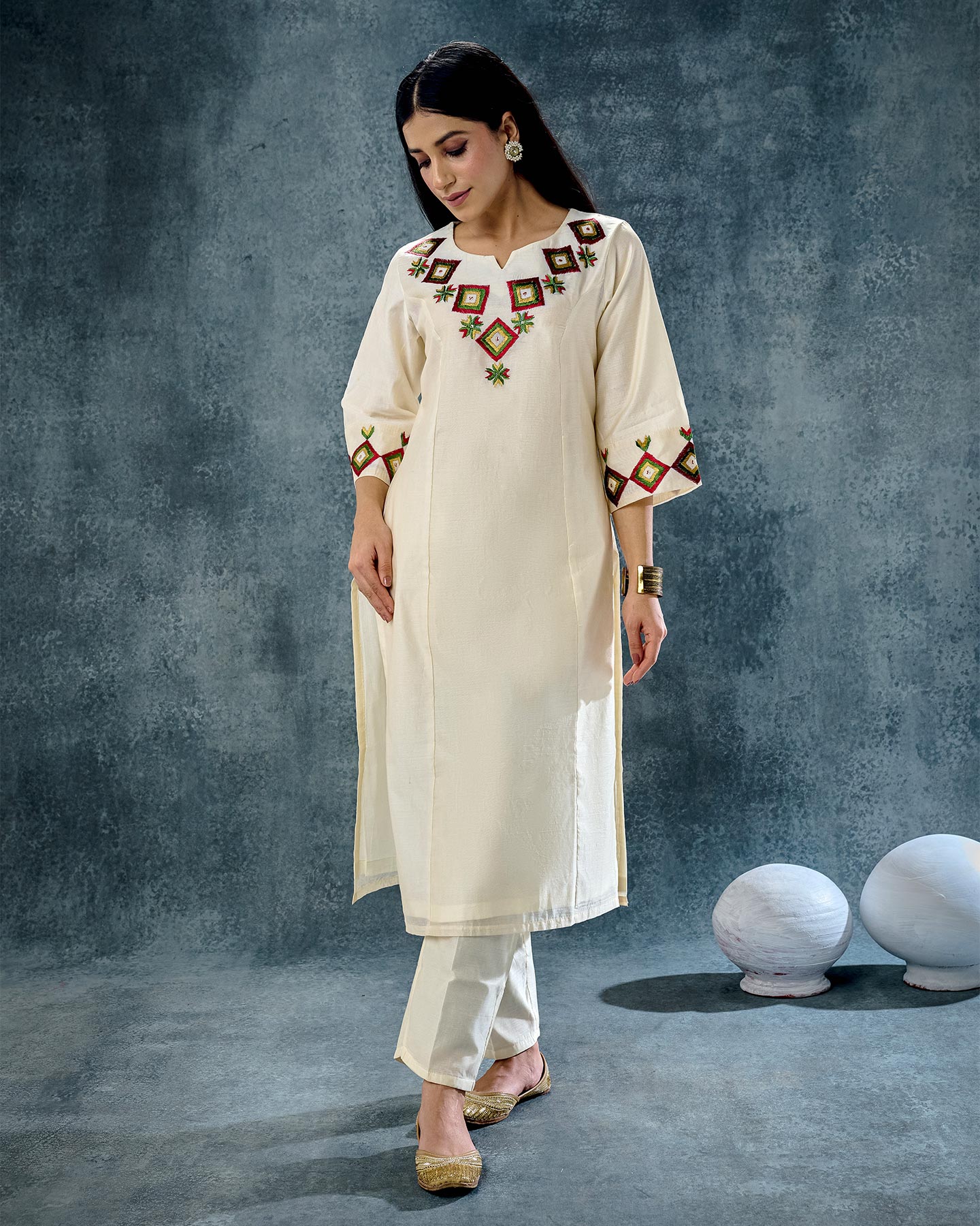 Pure Chanderi Hand Embroidered Phulkari Kurti - Bavarian Cream + Artisanal + Punjab + Tradition + Women + MakeInIndia + Handicraft + Panjab + Rang + Colours + Girl Clothing + Fulkari + Threads + Colours + Colors + Embroidery + Handwork + Artisan + Stylish