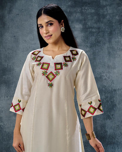 Pure Chanderi Hand Embroidered Phulkari Kurti - Bavarian Cream + Artisanal + Punjab + Tradition + Women + MakeInIndia + Handicraft + Panjab + Rang + Colours + Girl Clothing + Fulkari + Threads + Colours + Colors + Embroidery + Handwork + Artisan + Stylish