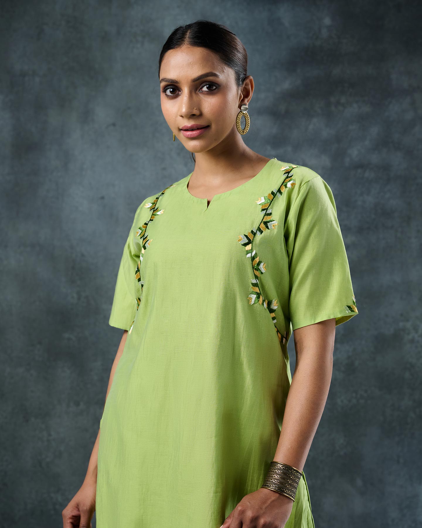 Pure Chanderi Hand Embroidered Phulkari Kurti Pant Set - Cool Green + Artisanal + Punjab + Tradition + Women + MakeInIndia + Handicraft + Panjab + Rang + Colours + Girl Clothing + Fulkari + Threads + Colours + Colors + Embroidery + Handwork + Artisan + Stylish + Comfort wear