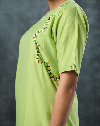 Pure Chanderi Hand Embroidered Phulkari Kurti - Cool Green + Artisanal + Punjab + Tradition + Women + MakeInIndia + Handicraft + Panjab + Rang + Colours + Girl Clothing + Fulkari + Threads + Colours + Colors + Embroidery + Handwork + Artisan + Stylish + Comfort wear