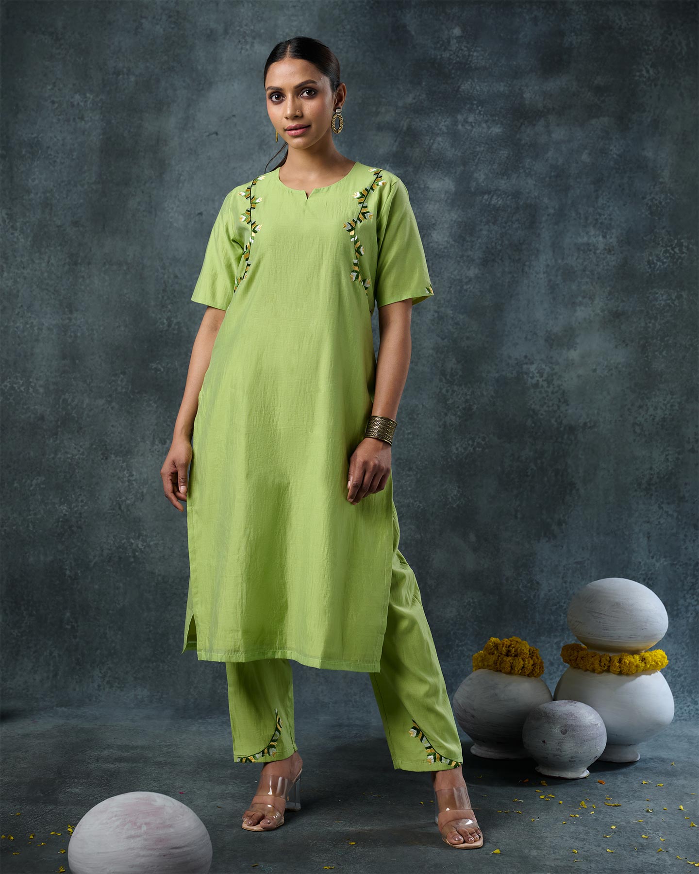 Pure Chanderi Hand Embroidered Phulkari Kurti Pant Set - Cool Green + Artisanal + Punjab + Tradition + Women + MakeInIndia + Handicraft + Panjab + Rang + Colours + Girl Clothing + Fulkari + Threads + Colours + Colors + Embroidery + Handwork + Artisan + Stylish + Comfort wear