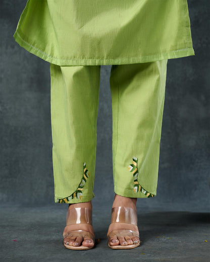 Pure Chanderi Hand Embroidered Phulkari Kurti Pant Set - Cool Green + Artisanal + Punjab + Tradition + Women + MakeInIndia + Handicraft + Panjab + Rang + Colours + Girl Clothing + Fulkari + Threads + Colours + Colors + Embroidery + Handwork + Artisan + Stylish + Comfort wear