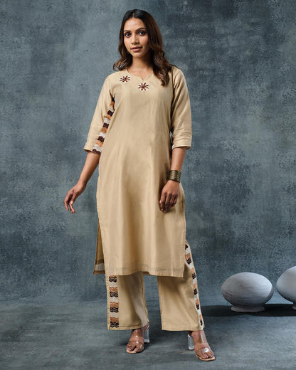 Pure Chanderi Hand Embroidered Phulkari Kurti Pant - Hazelnut + Artisanal + Punjab + Tradition + Women + MakeInIndia + Handicraft + Panjab + Rang + Colours + Girl Clothing + Fulkari + Threads + Colours + Colors + Embroidery + Handwork + Artisan + Stylish + Brown + Fawn