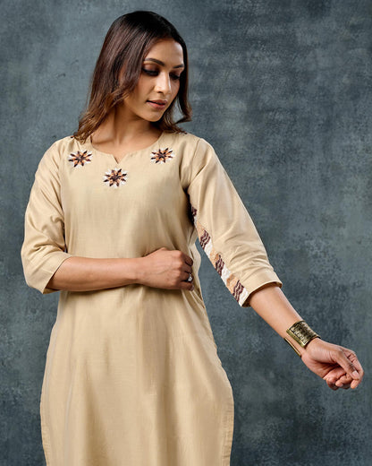 Pure Chanderi Hand Embroidered Phulkari Kurti - Hazelnut + Artisanal + Punjab + Tradition + Women + MakeInIndia + Handicraft + Panjab + Rang + Colours + Girl Clothing + Fulkari + Threads + Colours + Colors + Embroidery + Handwork + Artisan + Stylish + Brown + Fawn