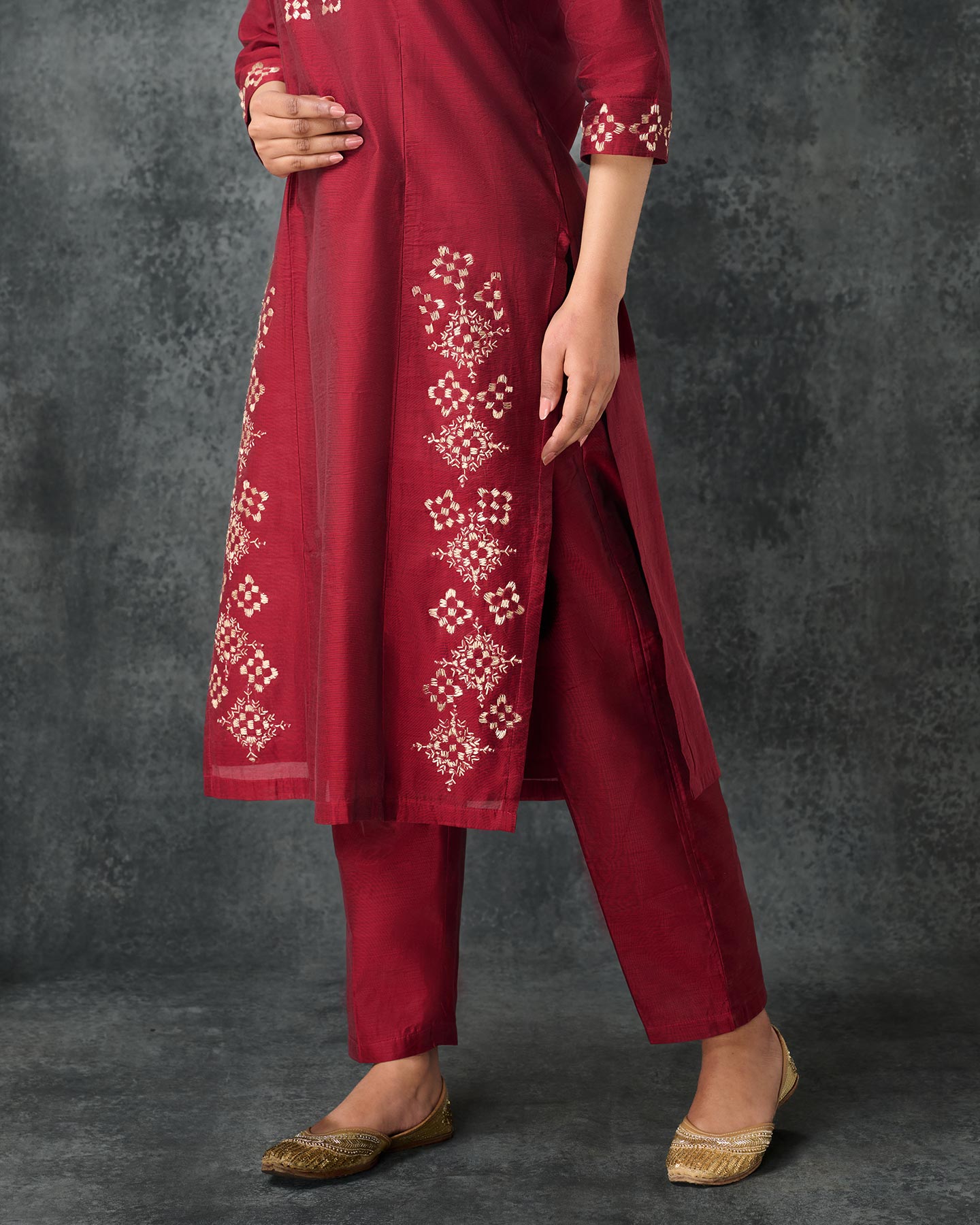 Pure Chanderi Hand Embroidered Phulkari Kurti Pant - Royal Maroon + Artisanal + Punjab + Tradition + Women + MakeInIndia + Handicraft + Panjab + Rang + Colours + Girl Clothing + Fulkari + Threads + Colours + Colors + Embroidery + Handwork + Artisan + Stylish