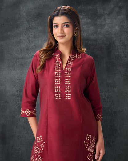 Pure Chanderi Hand Embroidered Phulkari Kurti Pant - Royal Maroon + Artisanal + Punjab + Tradition + Women + MakeInIndia + Handicraft + Panjab + Rang + Colours + Girl Clothing + Fulkari + Threads + Colours + Colors + Embroidery + Handwork + Artisan + Stylish