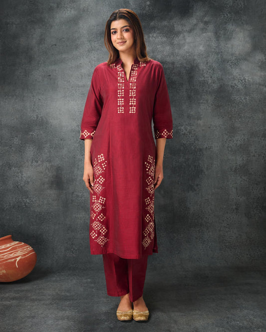 Pure Chanderi Hand Embroidered Phulkari Kurti Pant - Royal Maroon + Artisanal + Punjab + Tradition + Women + MakeInIndia + Handicraft + Panjab + Rang + Colours + Girl Clothing + Fulkari + Threads + Colours + Colors + Embroidery + Handwork + Artisan + Stylish