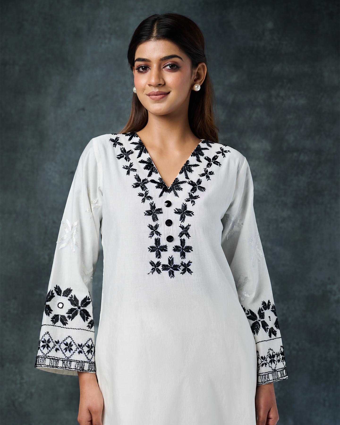 Pure Chanderi Hand Embroidered Phulkari Kurti Pant Set - White Monochrome + Artisanal + Punjab + Tradition + Women + MakeInIndia + Handicraft + Panjab + Rang + Colours + Girl Clothing + Fulkari + Threads + Colours + Colors + Embroidery + Handwork + Artisan + Stylish + Comfort wear + Royal