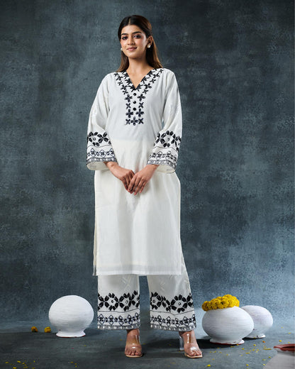 Pure Chanderi Hand Embroidered Phulkari Kurti Pant Set - White Monochrome + Artisanal + Punjab + Tradition + Women + MakeInIndia + Handicraft + Panjab + Rang + Colours + Girl Clothing + Fulkari + Threads + Colours + Colors + Embroidery + Handwork + Artisan + Stylish + Comfort wear + Royal