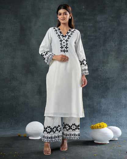 Pure Chanderi Hand Embroidered Phulkari Kurti Pant Set - White Monochrome + Artisanal + Punjab + Tradition + Women + MakeInIndia + Handicraft + Panjab + Rang + Colours + Girl Clothing + Fulkari + Threads + Colours + Colors + Embroidery + Handwork + Artisan + Stylish + Comfort wear + Royal