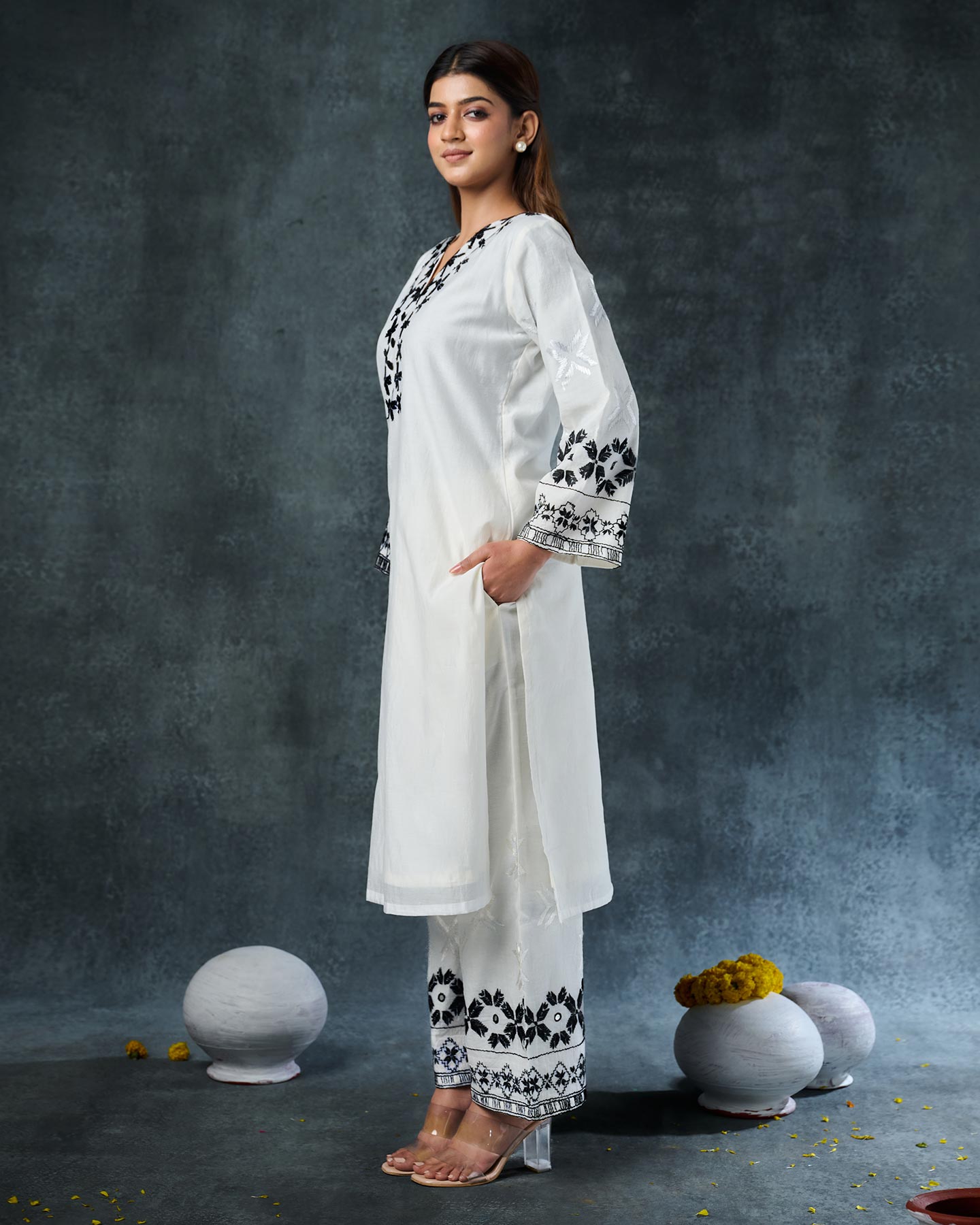 Pure Chanderi Hand Embroidered Phulkari Kurti Pant Set - White Monochrome + Artisanal + Punjab + Tradition + Women + MakeInIndia + Handicraft + Panjab + Rang + Colours + Girl Clothing + Fulkari + Threads + Colours + Colors + Embroidery + Handwork + Artisan + Stylish + Comfort wear + Royal