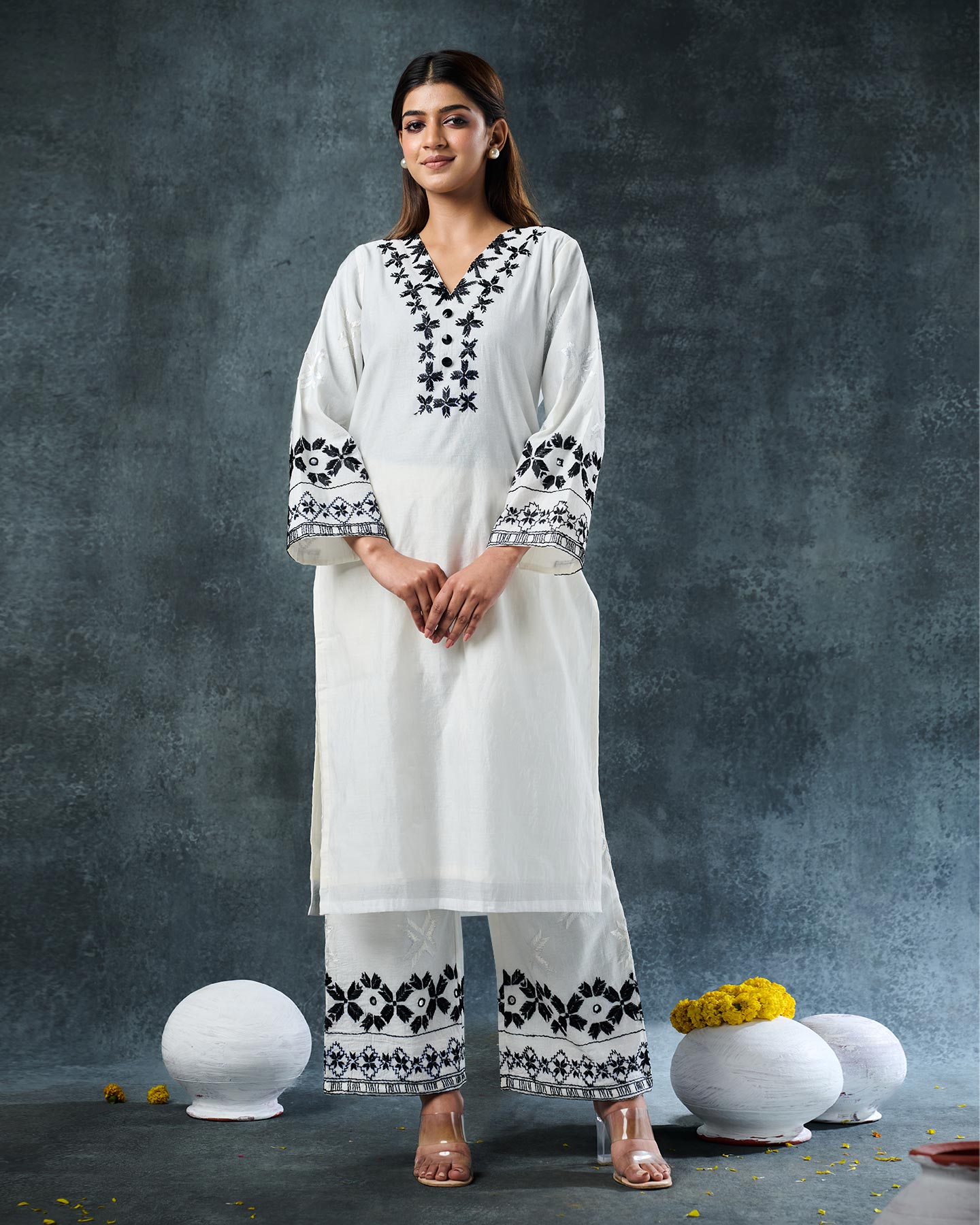 Pure Chanderi Hand Embroidered Phulkari Pant - White Monochrome + Artisanal + Punjab + Tradition + Women + MakeInIndia + Handicraft + Panjab + Rang + Colours + Girl Clothing + Fulkari + Threads + Colours + Colors + Embroidery + Handwork + Artisan + Stylish + Comfort wear + Royal