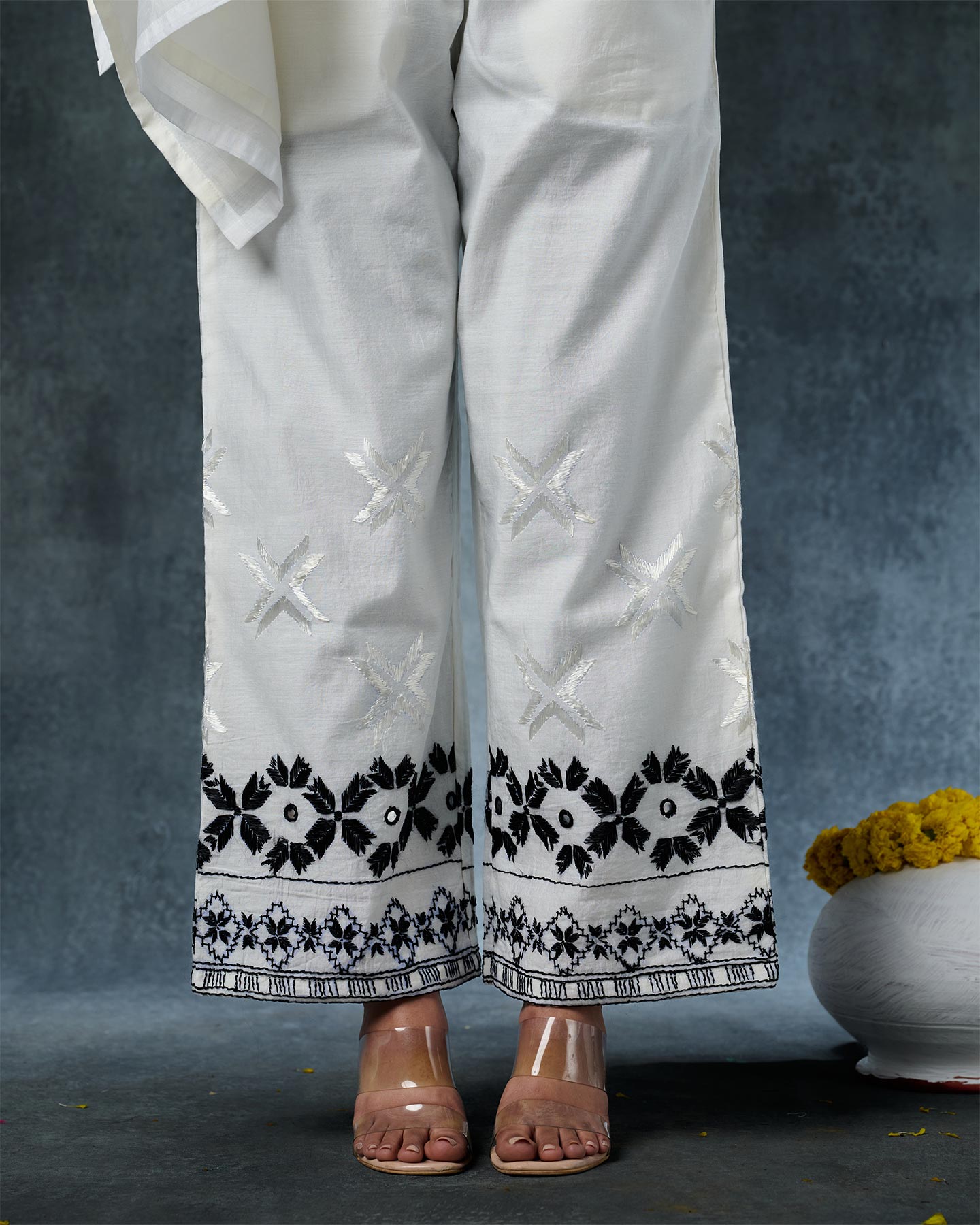 Pure Chanderi Hand Embroidered Phulkari Pant - White Monochrome + Artisanal + Punjab + Tradition + Women + MakeInIndia + Handicraft + Panjab + Rang + Colours + Girl Clothing + Fulkari + Threads + Colours + Colors + Embroidery + Handwork + Artisan + Stylish + Comfort wear + Royal