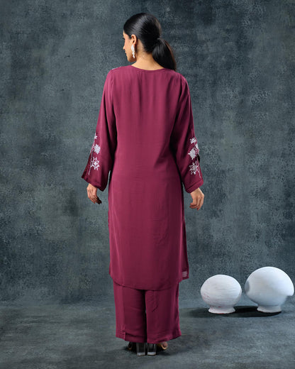 Pure Geoorgette Hand Embroidered Phulkari Kurti - Divine Falsa + Artisanal + Punjab + Tradition + Women + MakeInIndia + Handicraft + Panjab + Rang + Colours + Girl Clothing + Fulkari + Threads + Colours + Colors + Embroidery + Handwork + Artisan + Stylish + Wine + Slit