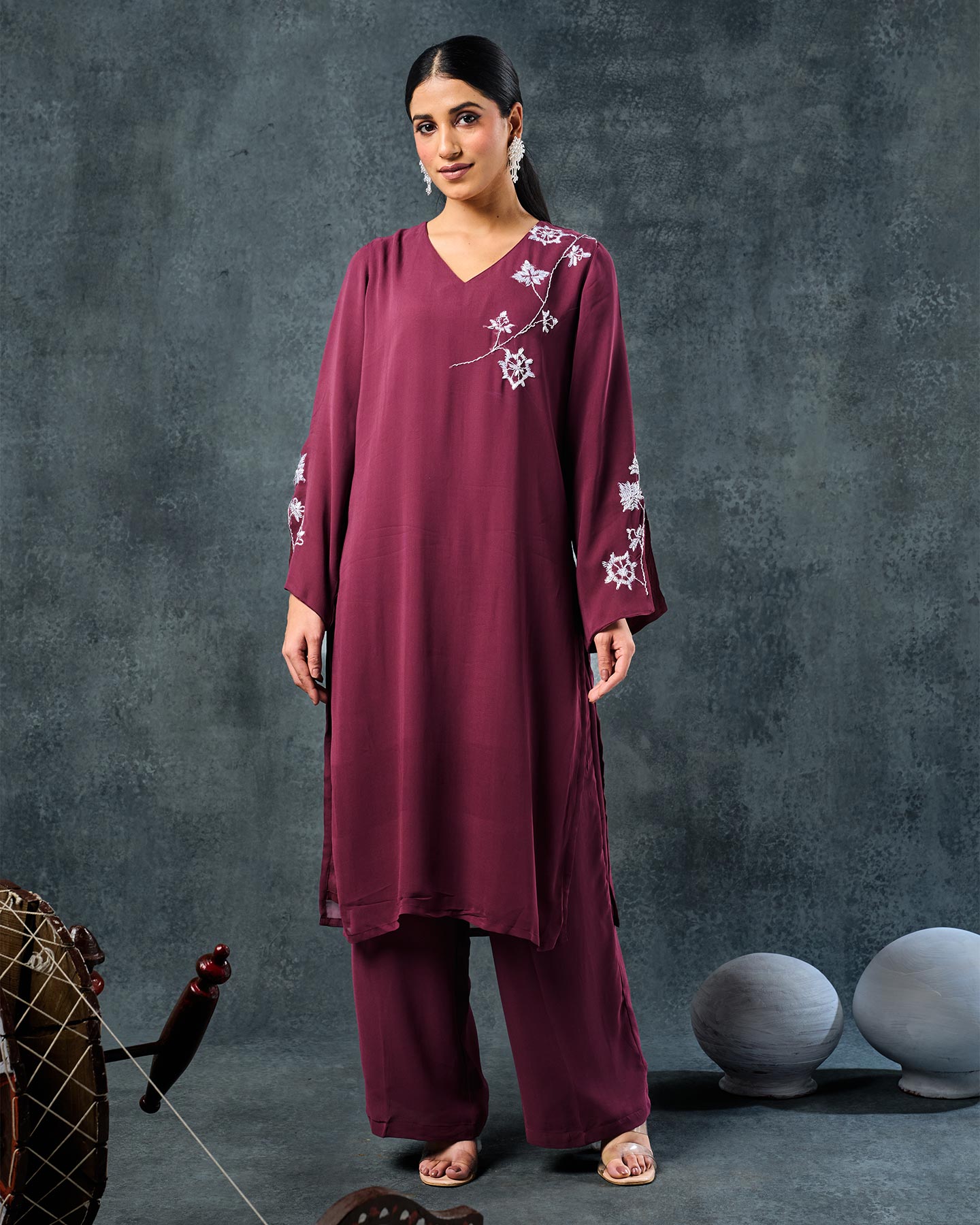 Pure Geoorgette Hand Embroidered Phulkari Kurti - Divine Falsa + Artisanal + Punjab + Tradition + Women + MakeInIndia + Handicraft + Panjab + Rang + Colours + Girl Clothing + Fulkari + Threads + Colours + Colors + Embroidery + Handwork + Artisan + Stylish + Wine + Slit