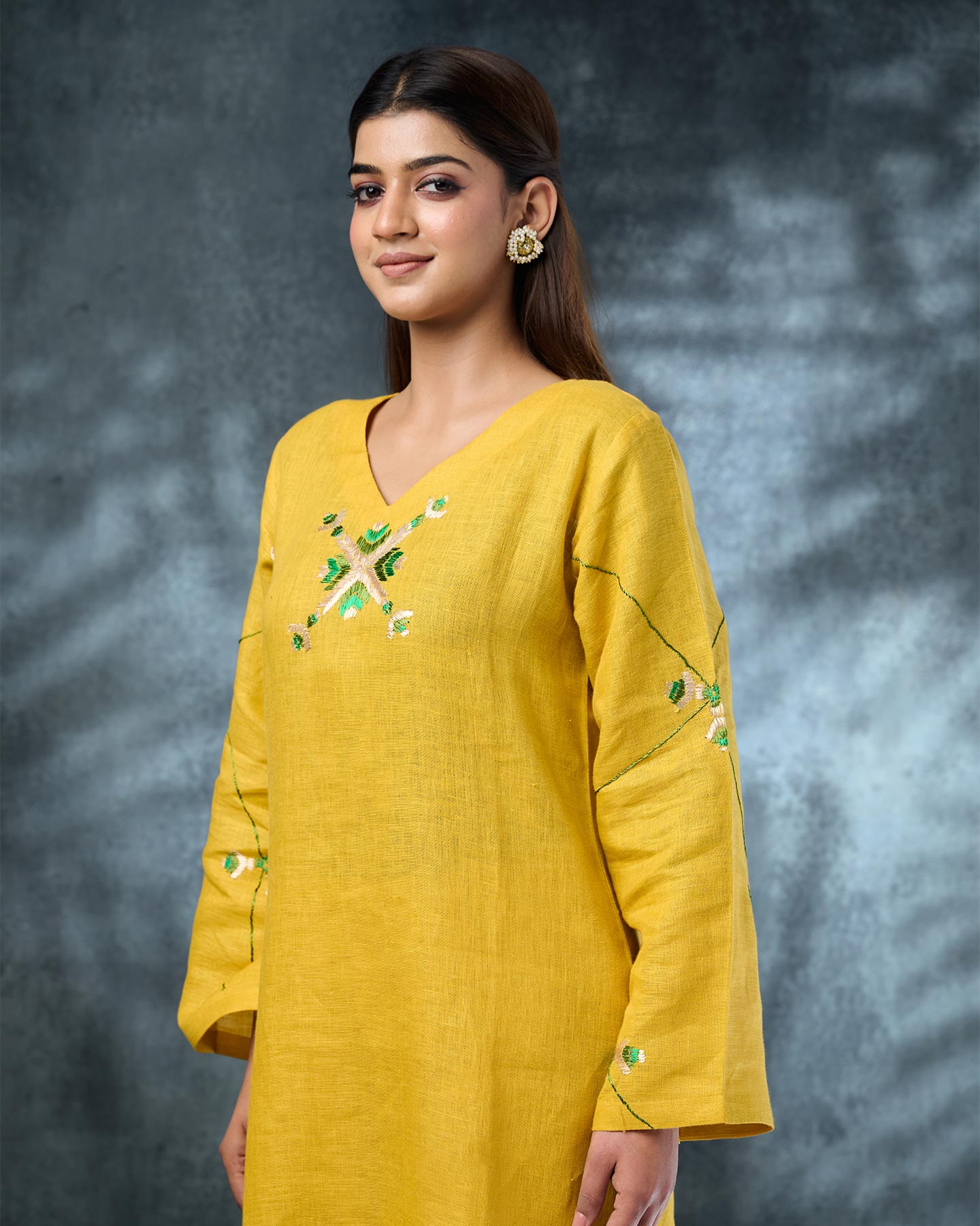 Pure Linen Hand Embroidered Phulkari Kurti Pant Set - Sunflower Yellow + Artisanal + Punjab + Tradition + Women + MakeInIndia + Handicraft + Panjab + Rang + Colours + Girl Clothing + Fulkari + Threads + Colours + Colors + Embroidery + Handwork + Artisan + Stylish + Comfort wear