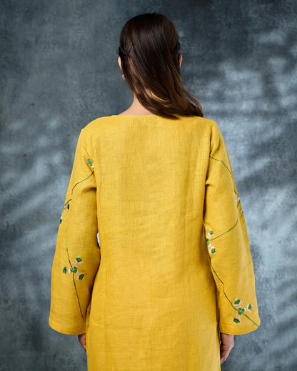 Pure Linen Hand Embroidered Phulkari Kurti Pant Set - Sunflower Yellow + Artisanal + Punjab + Tradition + Women + MakeInIndia + Handicraft + Panjab + Rang + Colours + Girl Clothing + Fulkari + Threads + Colours + Colors + Embroidery + Handwork + Artisan + Stylish + Comfort wear