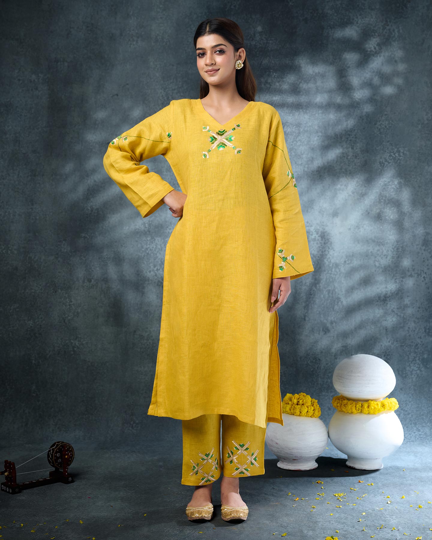 Pure Linen Hand Embroidered Phulkari Kurti Pant Set - Sunflower Yellow + Artisanal + Punjab + Tradition + Women + MakeInIndia + Handicraft + Panjab + Rang + Colours + Girl Clothing + Fulkari + Threads + Colours + Colors + Embroidery + Handwork + Artisan + Stylish + Comfort wear