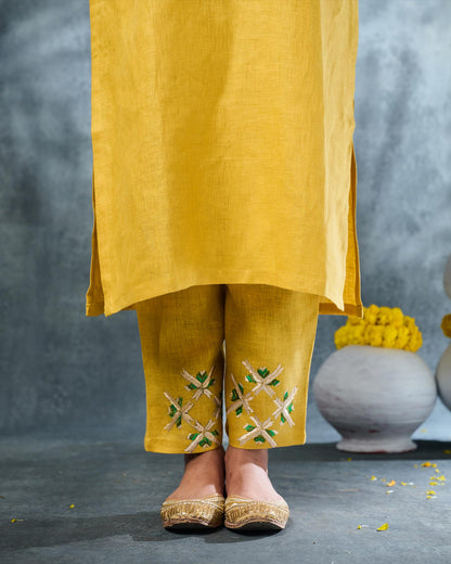 Pure Linen Hand Embroidered Phulkari Kurti Pant Set - Sunflower Yellow + Artisanal + Punjab + Tradition + Women + MakeInIndia + Handicraft + Panjab + Rang + Colours + Girl Clothing + Fulkari + Threads + Colours + Colors + Embroidery + Handwork + Artisan + Stylish + Comfort wear