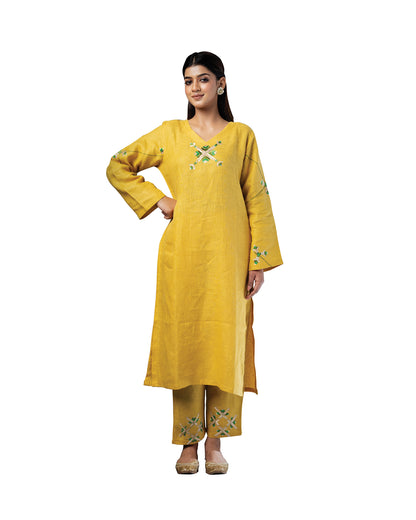 Pure Linen Hand Embroidered Phulkari Kurti Pant Set - Sunflower Yellow + Artisanal + Punjab + Tradition + Women + MakeInIndia + Handicraft + Panjab + Rang + Colours + Girl Clothing + Fulkari + Threads + Colours + Colors + Embroidery + Handwork + Artisan + Stylish + Comfort wear + linen + luxury + hand work + women work + artisan + sophisticated