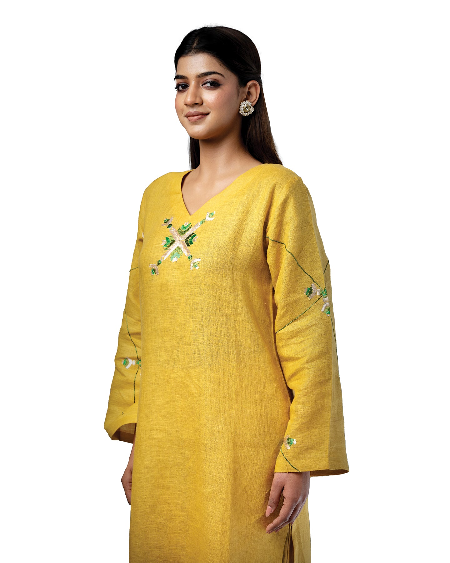 Pure Linen Hand Embroidered Phulkari Kurti Pant Set - Sunflower Yellow + Artisanal + Punjab + Tradition + Women + MakeInIndia + Handicraft + Panjab + Rang + Colours + Girl Clothing + Fulkari + Threads + Colours + Colors + Embroidery + Handwork + Artisan + Stylish + Comfort wear + linen + luxury + hand work + women work + artisan + sophisticated