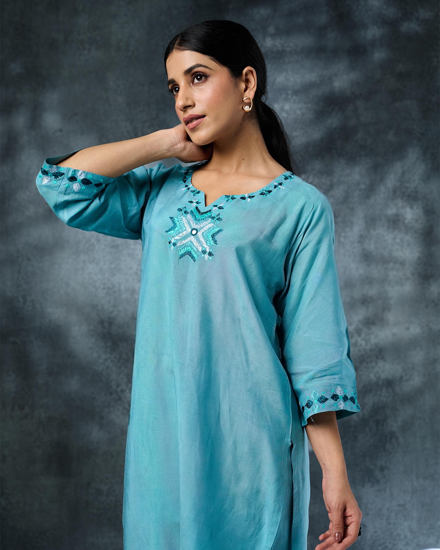 Pure Muslin Hand Embroidered Phulkari Kurti Pant Set - Aqua Lake + Artisanal + Punjab + Tradition + Women + MakeInIndia + Handicraft + Panjab + Rang + Colours + Girl Clothing + Fulkari + Threads + Colours + Colors + Embroidery + Handwork + Artisan + Stylish + Comfort wear