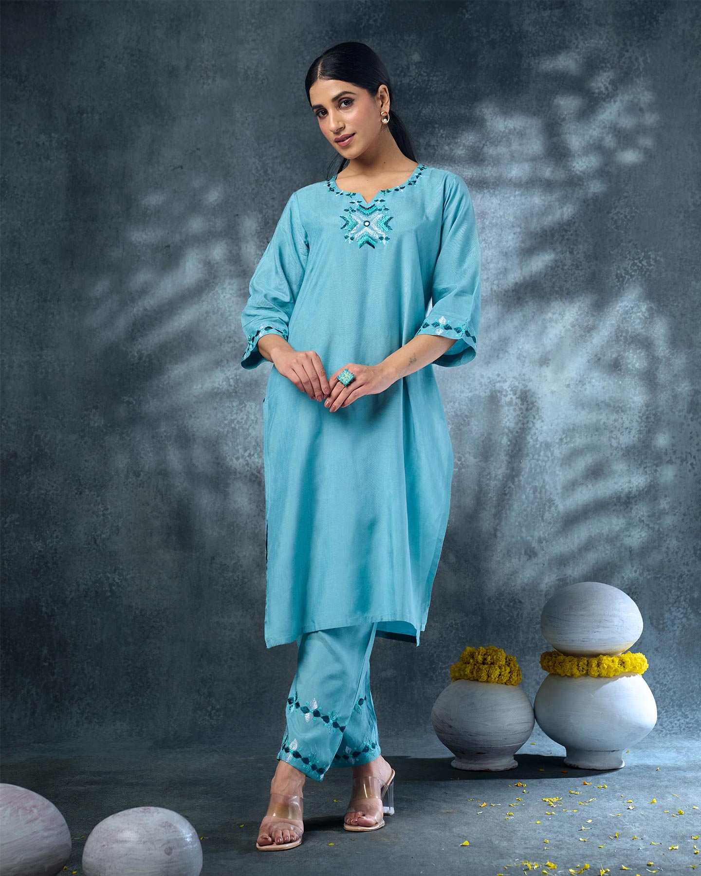 Pure Muslin Hand Embroidered Phulkari Kurti Pant Set - Aqua Lake + Artisanal + Punjab + Tradition + Women + MakeInIndia + Handicraft + Panjab + Rang + Colours + Girl Clothing + Fulkari + Threads + Colours + Colors + Embroidery + Handwork + Artisan + Stylish + Comfort wear