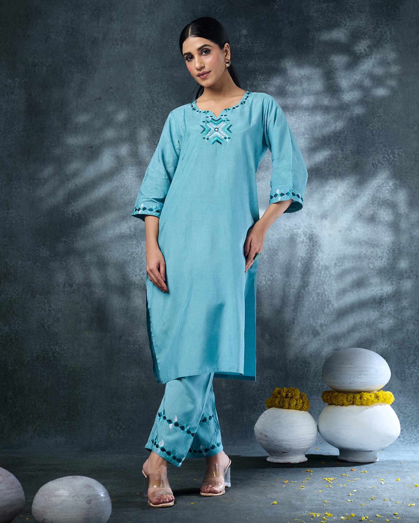 Pure Muslin Hand Embroidered Phulkari Kurti Pant Set - Aqua Lake + Artisanal + Punjab + Tradition + Women + MakeInIndia + Handicraft + Panjab + Rang + Colours + Girl Clothing + Fulkari + Threads + Colours + Colors + Embroidery + Handwork + Artisan + Stylish + Comfort wear