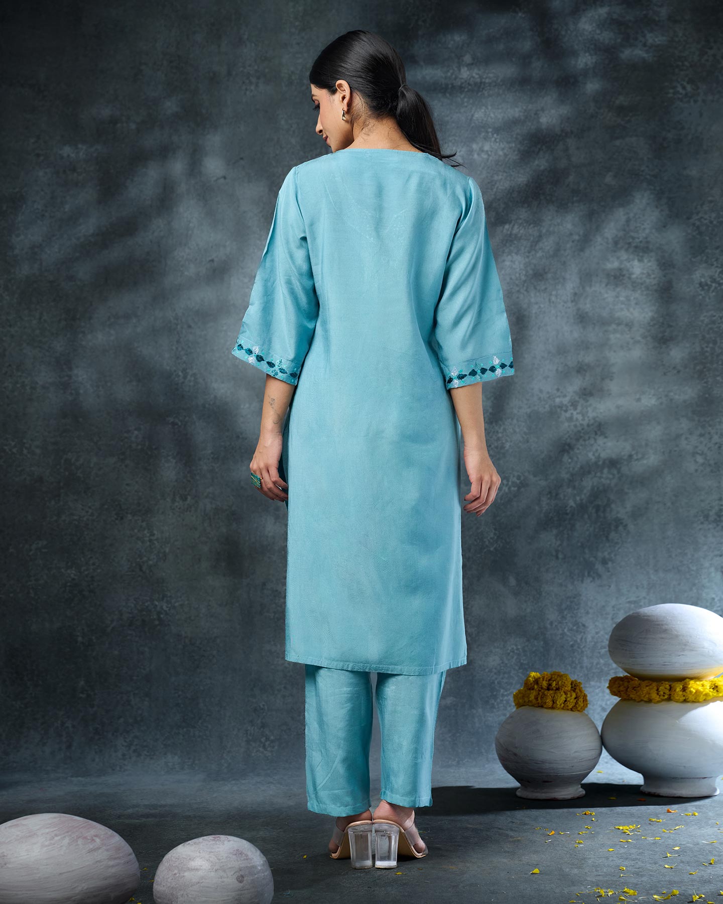 Pure Muslin Hand Embroidered Phulkari Kurti Pant Set - Aqua Lake + Artisanal + Punjab + Tradition + Women + MakeInIndia + Handicraft + Panjab + Rang + Colours + Girl Clothing + Fulkari + Threads + Colours + Colors + Embroidery + Handwork + Artisan + Stylish + Comfort wear