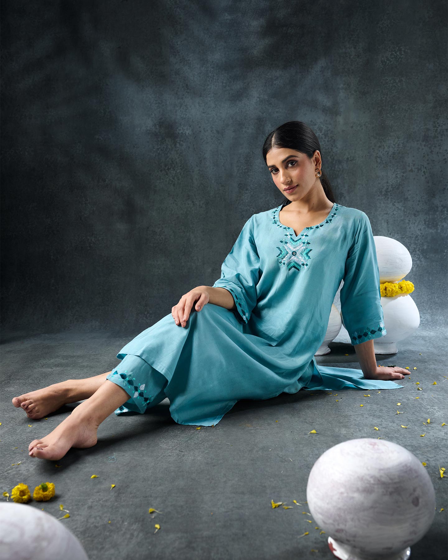 Pure Muslin Hand Embroidered Phulkari Kurti - Aqua Lake + Artisanal + Punjab + Tradition + Women + MakeInIndia + Handicraft + Panjab + Rang + Colours + Girl Clothing + Fulkari + Threads + Colours + Colors + Embroidery + Handwork + Artisan + Stylish + Comfort wear