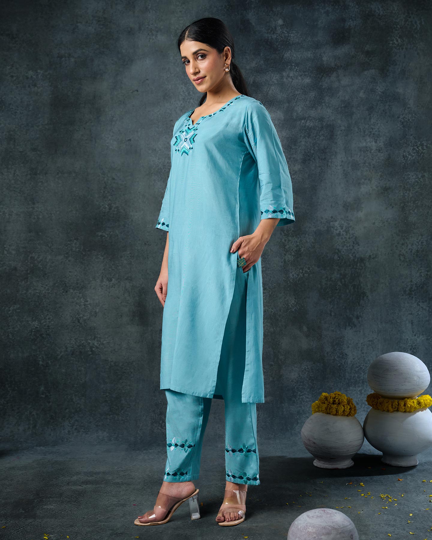 Pure Muslin Hand Embroidered Phulkari Kurti Pant Set - Aqua Lake + Artisanal + Punjab + Tradition + Women + MakeInIndia + Handicraft + Panjab + Rang + Colours + Girl Clothing + Fulkari + Threads + Colours + Colors + Embroidery + Handwork + Artisan + Stylish + Comfort wear