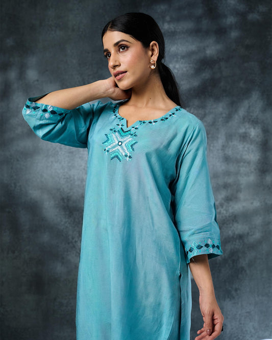 Pure Muslin Hand Embroidered Phulkari Kurti - Aqua Lake + Artisanal + Punjab + Tradition + Women + MakeInIndia + Handicraft + Panjab + Rang + Colours + Girl Clothing + Fulkari + Threads + Colours + Colors + Embroidery + Handwork + Artisan + Stylish + Comfort wear