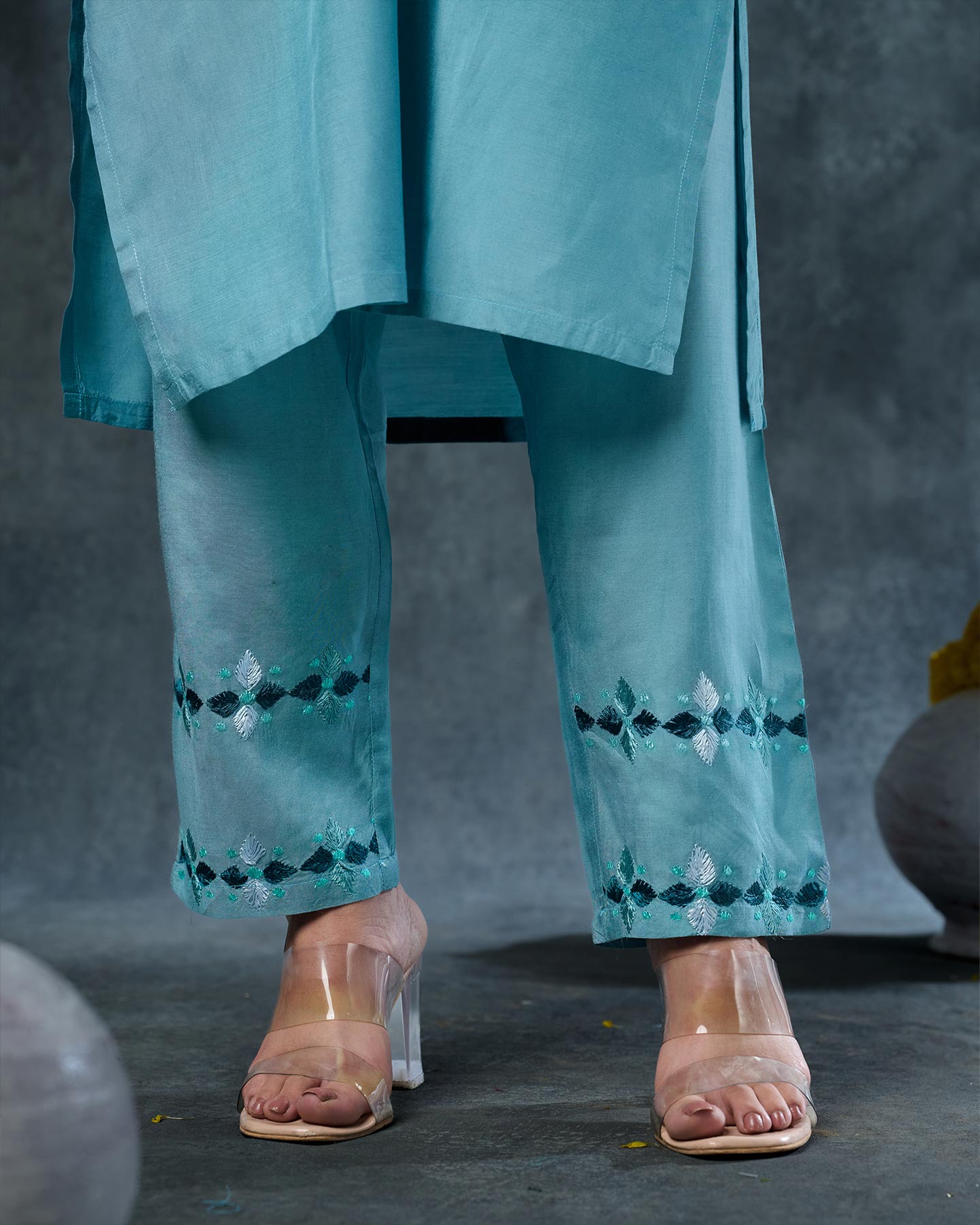 Pure Muslin Hand Embroidered Phulkari Pant - Aqua Lake + Artisanal + Punjab + Tradition + Women + MakeInIndia + Handicraft + Panjab + Rang + Colours + Girl Clothing + Fulkari + Threads + Colours + Colors + Embroidery + Handwork + Artisan + Stylish + Comfort wear