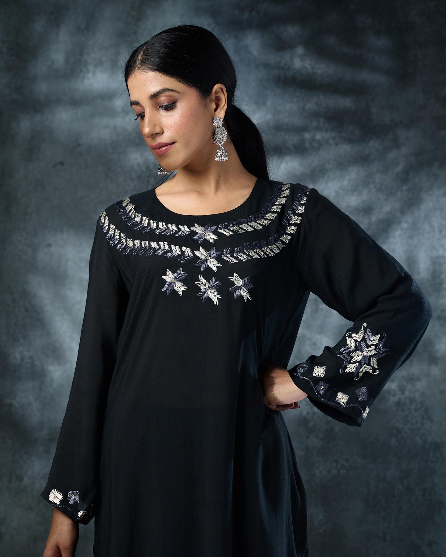 Pure Muslin Hand Embroidered Phulkari Kurti Pant Set - Divine Black + Artisanal + Punjab + Tradition + Women + MakeInIndia + Handicraft + Panjab + Rang + Colours + Girl Clothing + Fulkari + Threads + Colours + Colors + Embroidery + Handwork + Artisan + Stylish + Comfort wear + Royal