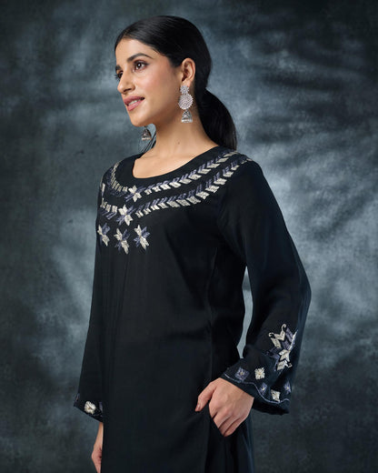 Pure Muslin Hand Embroidered Phulkari Kurti Pant Set - Divine Black + Artisanal + Punjab + Tradition + Women + MakeInIndia + Handicraft + Panjab + Rang + Colours + Girl Clothing + Fulkari + Threads + Colours + Colors + Embroidery + Handwork + Artisan + Stylish + Comfort wear + Royal