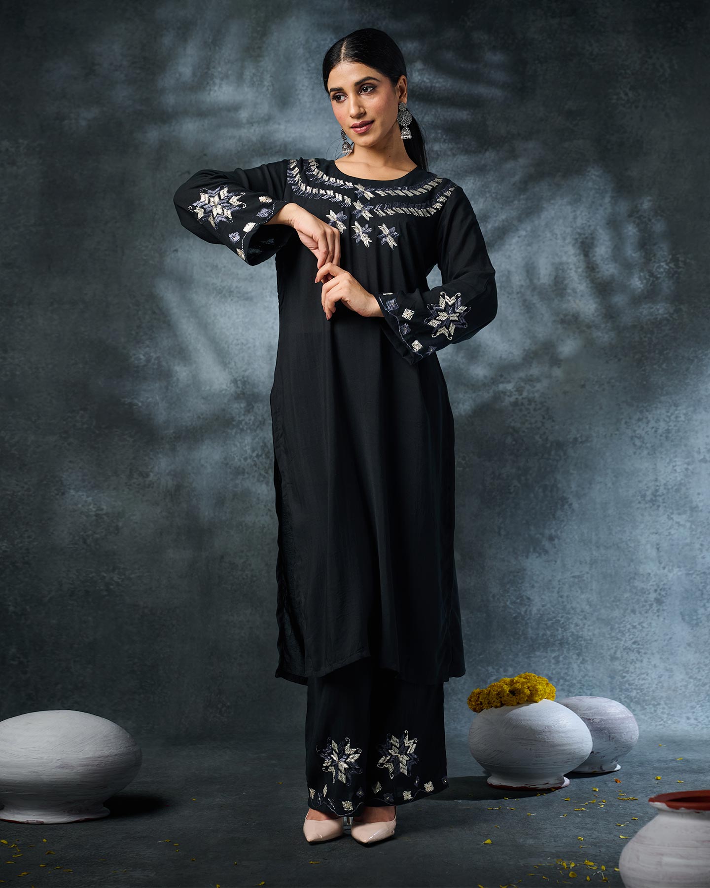 Pure Muslin Hand Embroidered Phulkari Kurti Pant Set - Divine Black + Artisanal + Punjab + Tradition + Women + MakeInIndia + Handicraft + Panjab + Rang + Colours + Girl Clothing + Fulkari + Threads + Colours + Colors + Embroidery + Handwork + Artisan + Stylish + Comfort wear + Royal