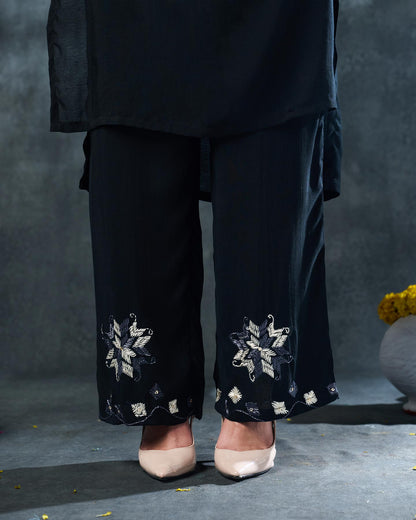 Pure Muslin Hand Embroidered Phulkari Pants - Divine Black + Artisanal + Punjab + Tradition + Women + MakeInIndia + Handicraft + Panjab + Rang + Colours + Girl Clothing + Fulkari + Threads + Colours + Colors + Embroidery + Handwork + Artisan + Stylish + Comfort wear + Royal