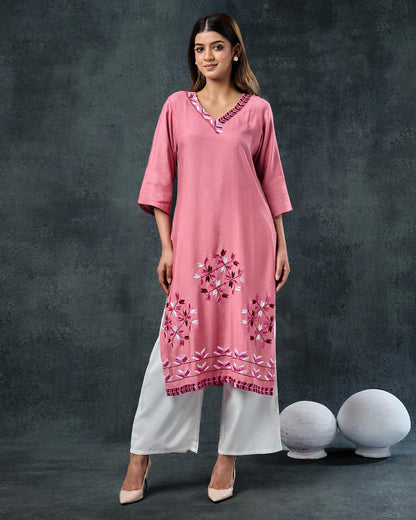 Pure Muslin Hand Embroidered Phulkari Kurti Pant - Roseatte Pink + Artisanal + Punjab + Tradition + Women + MakeInIndia + Handicraft + Panjab + Rang + Colours + Girl Clothing + Fulkari + Threads + Colours + Colors + Embroidery + Handwork + Artisan + Stylish