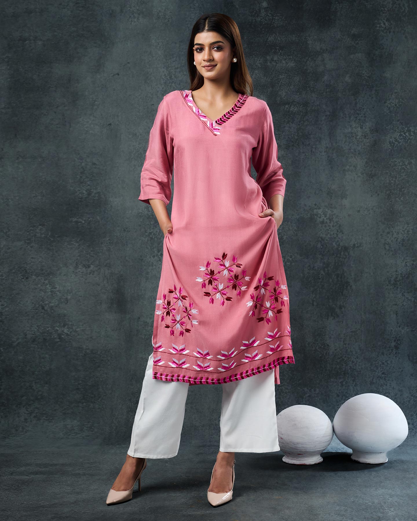 Pure Muslin Hand Embroidered Phulkari Kurti Pant - Roseatte Pink + Artisanal + Punjab + Tradition + Women + MakeInIndia + Handicraft + Panjab + Rang + Colours + Girl Clothing + Fulkari + Threads + Colours + Colors + Embroidery + Handwork + Artisan + Stylish