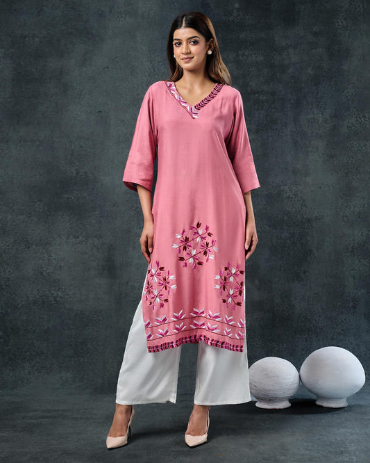 Pure Muslin Hand Embroidered Phulkari Kurti - Roseatte Pink + Artisanal + Punjab + Tradition + Women + MakeInIndia + Handicraft + Panjab + Rang + Colours + Girl Clothing + Fulkari + Threads + Colours + Colors + Embroidery + Handwork + Artisan + Stylish