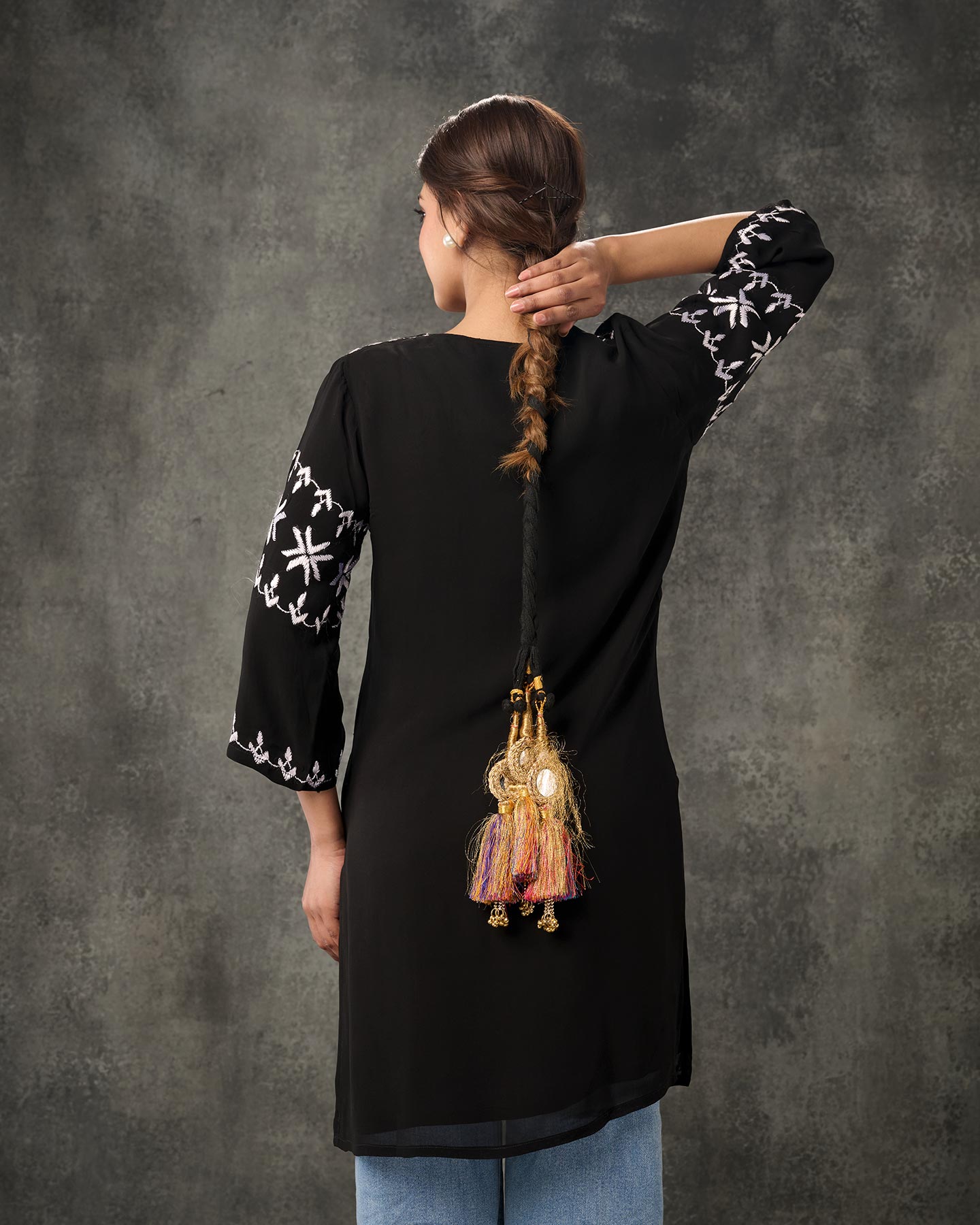 Pure Georgette Hand Embroidered Phulkari Short Kurti - Black + Artisanal + Punjab + Tradition + Women + MakeInIndia + Handicraft + Panjab + Rang + Colours + Girl Clothing + Fulkari + Threads + Embroidery + Handwork + Artisan