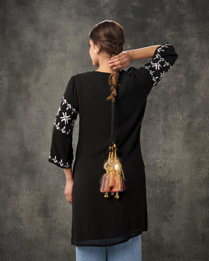 Pure Georgette Hand Embroidered Phulkari Short Kurti - Black + Artisanal + Punjab + Tradition + Women + MakeInIndia + Handicraft + Panjab + Rang + Colours + Girl Clothing + Fulkari + Threads + Embroidery + Handwork + Artisan