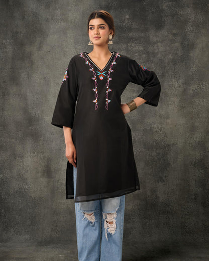 Pure Chanderi Hand Embroidered Phulkari Shirt - Black + Artisanal + Punjab + Tradition + Women + MakeInIndia + Handicraft + Threads