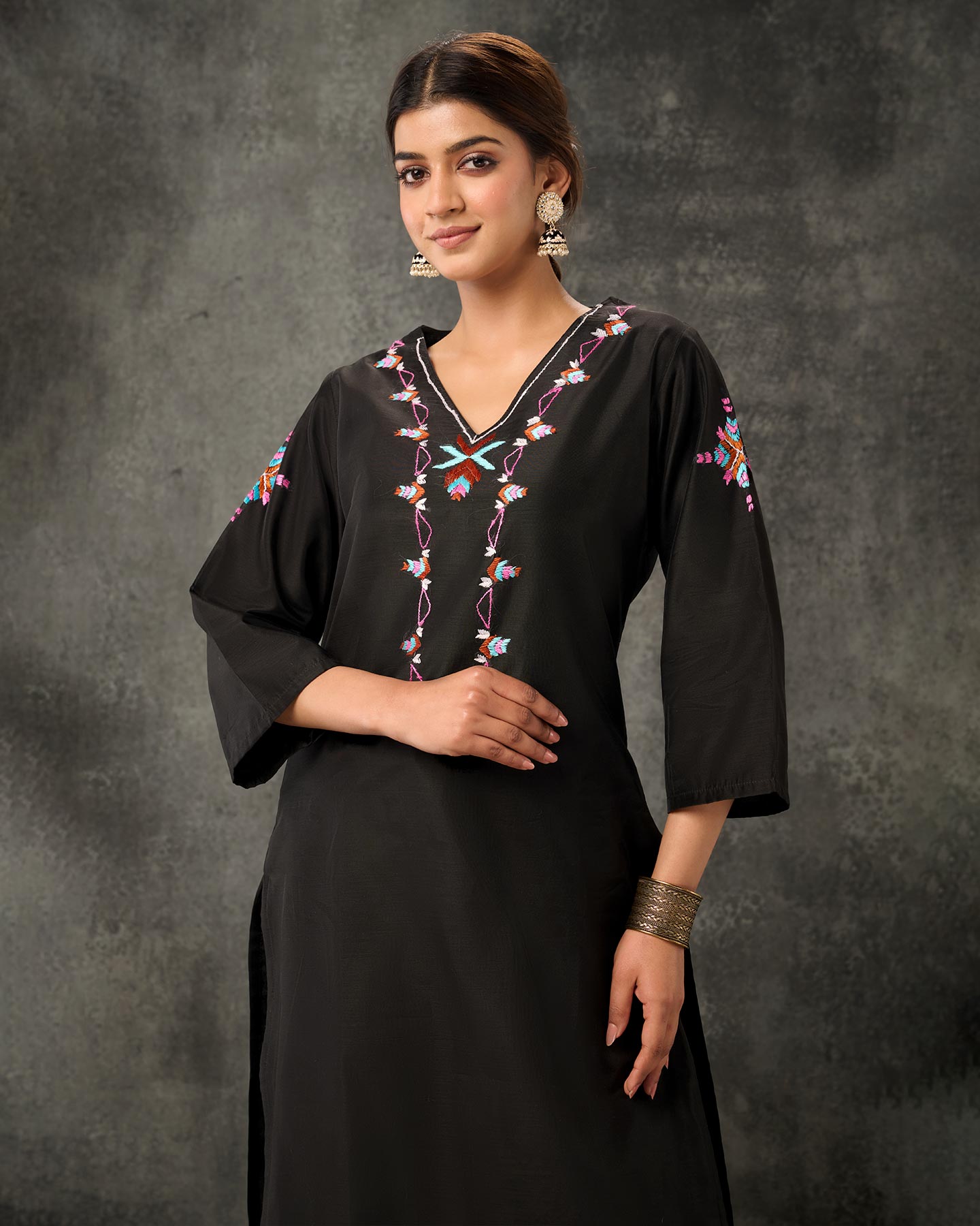 Pure Chanderi Hand Embroidered Phulkari Shirt - Black + Artisanal + Punjab + Tradition + Women + MakeInIndia + Handicraft + Panjab