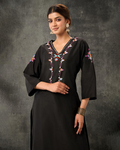 Pure Chanderi Hand Embroidered Phulkari Shirt - Black + Artisanal + Punjab + Tradition + Women + MakeInIndia + Handicraft + Panjab