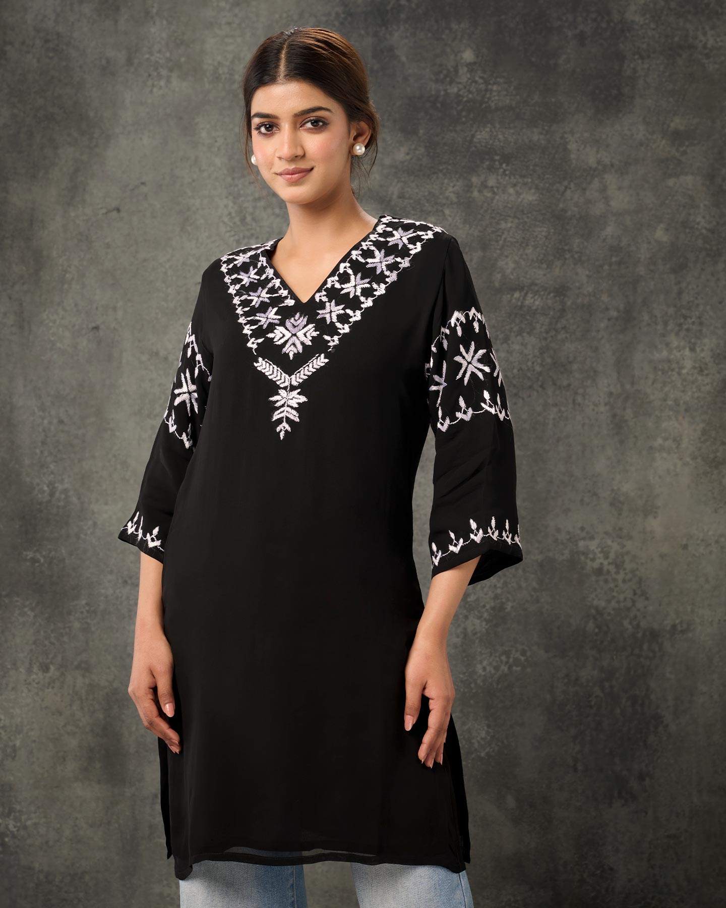 Pure Georgette Hand Embroidered Phulkari Short Kurti - Black + Artisanal + Punjab + Tradition + Women + MakeInIndia + Handicraft + Panjab + Rang + Colours + Girl Clothing + Fulkari + Threads + Colours + Colors + Embroidery + Handwork + Artisan