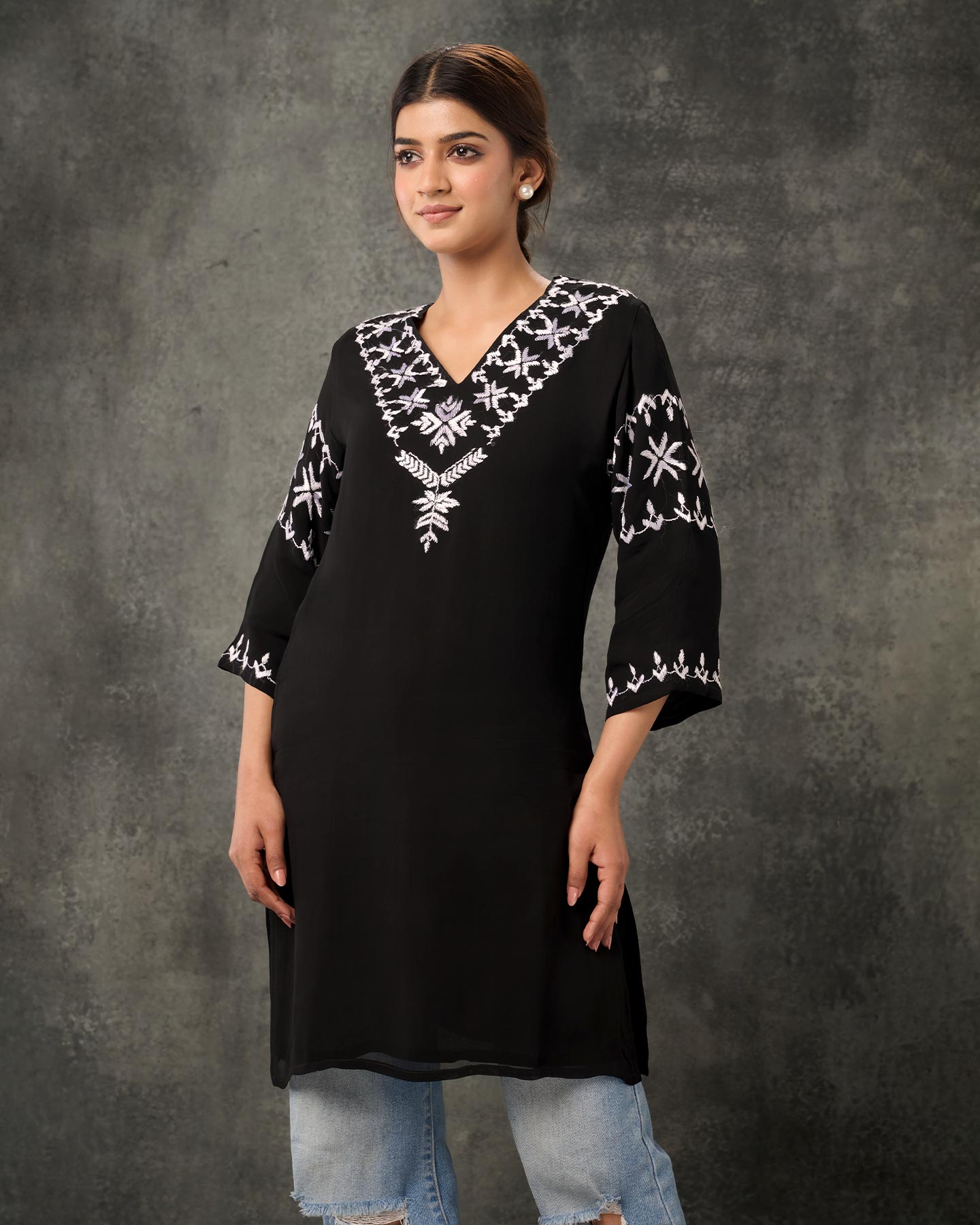 Pure Georgette Hand Embroidered Phulkari Short Kurti - Black + Artisanal + Punjab + Tradition + Women + MakeInIndia + Handicraft + Panjab + Rang + Colours + Girl Clothing + Fulkari + Threads + Colours + Colors + Embroidery + Handwork + Artisan