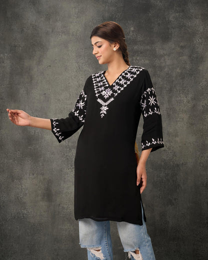 Pure Georgette Hand Embroidered Phulkari Short Kurti - Black + Artisanal + Punjab + Tradition + Women + MakeInIndia + Handicraft + Panjab + Rang + Colours + Girl Clothing + Fulkari + Threads + Colours + Colors + Embroidery