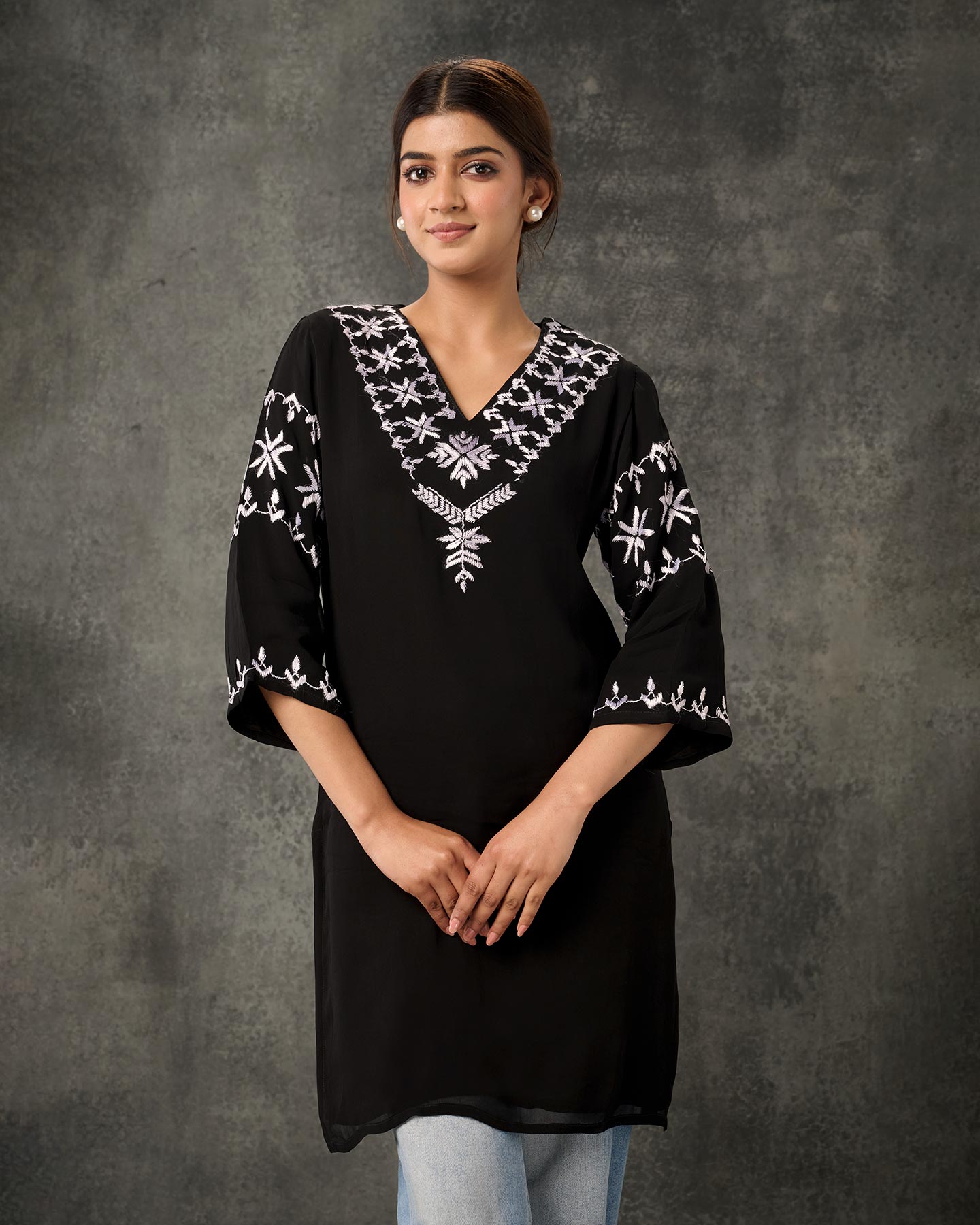 Pure Georgette Hand Embroidered Phulkari Short Kurti - Black + Artisanal + Punjab + Tradition + Women + MakeInIndia + Handicraft + Panjab + Rang + Colours + Girl Clothing + Fulkari + Threads + Colours + Colors + Embroidery + Handwork + Artisan