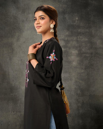 Pure Chanderi Hand Embroidered Phulkari Shirt - Black + Artisanal + Punjab + Tradition + Women + MakeInIndia + Handicraft + Threads + Modern